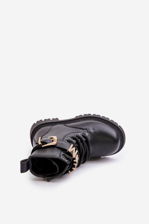 Botki Dziewczęce Eko Skórzane Ocieplane Z Ozdobnym Paskiem Czarne Gilian