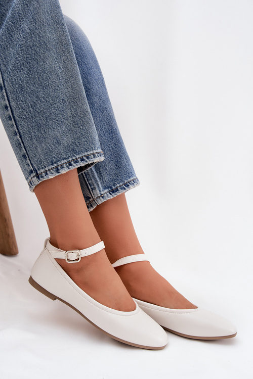 Baleriny Damskie Z Paskiem I Klamrą Białe Janelor