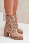 Zdobione Botki Z Wywiniętą Cholewką Na Słupku Beżowe Esadora
