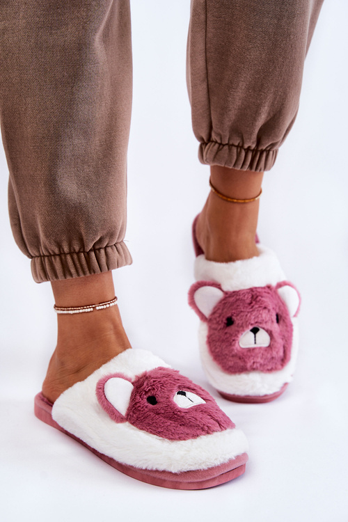 Damskie Futrzane Papcie Z Misiem Różowo-Białe Solly