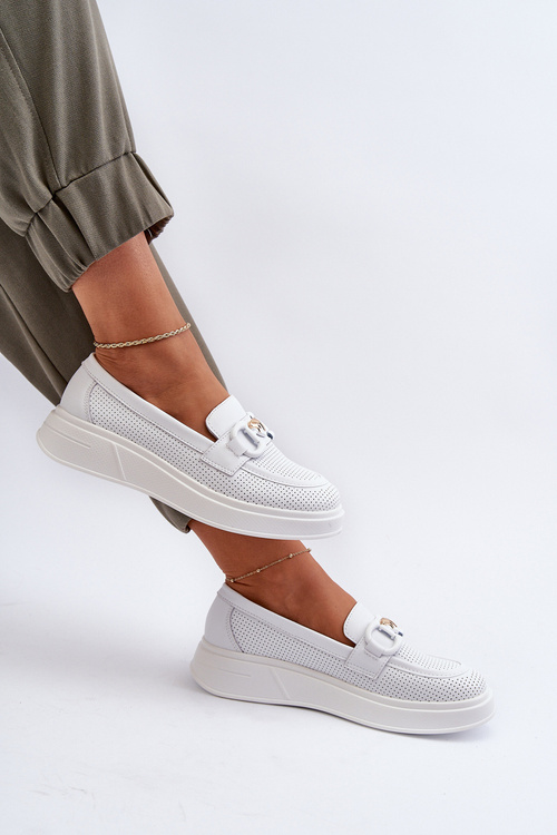 Skórzane Mokasyny Damskie Na Platformie Białe S.Barski LR720