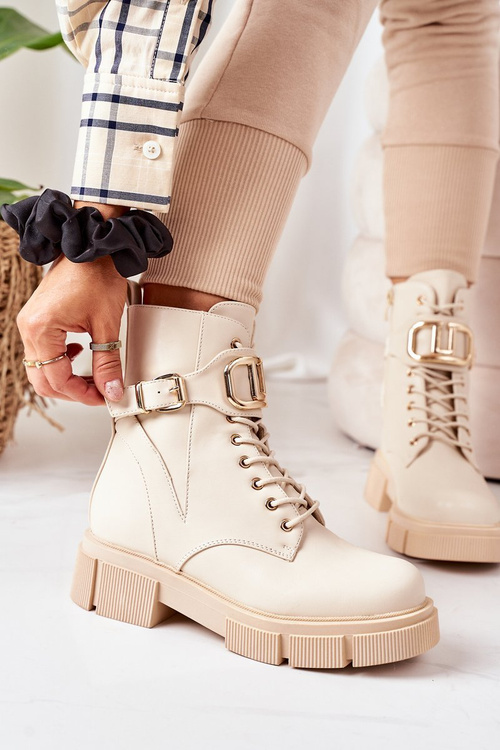 Ocieplane Workery Ze Złotą Klamrą Beżowe Maybelle