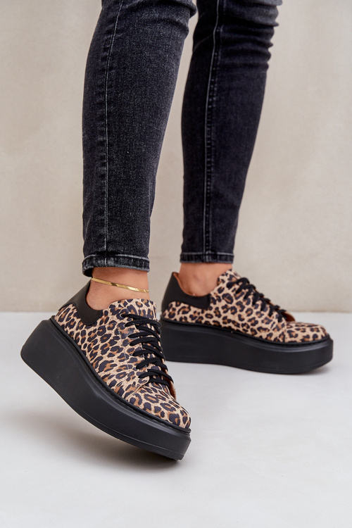 Skórzane Sneakersy Na Platformie W Panterkę Zazoo 3346 Brązowo-Czarne
