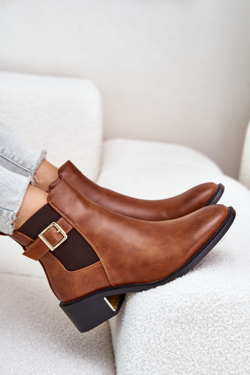 Botki Sztyblety Damskie Na Niskim Obcasie Ze Złotą Klamrą Camel Vomera