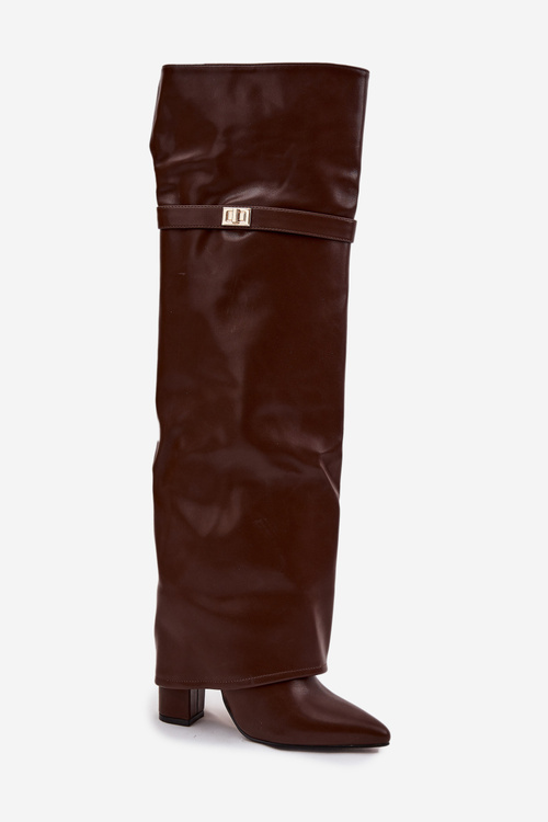 Ocieplane Kozaki Z Wywiniętą Cholewką Za Kolano Obcas Słupek Brązowe Serelle