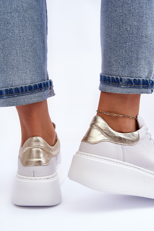 Damskie Buty Sportowe Skórzane na Platformie Białe Lemar 10150 - Złota Wstawka