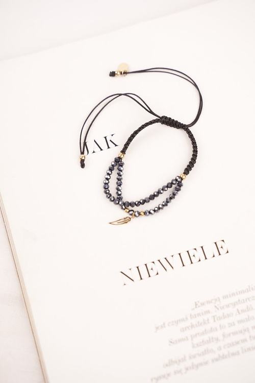 Damska Bransoletka Czarny Sznurek Celebrytka Złota Pióro Clementina