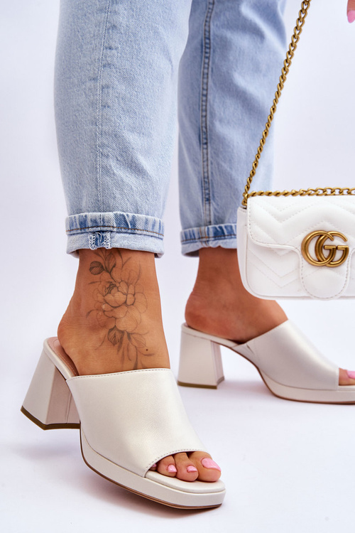 Modne Klapki Na Obcasie Sergio Leone KL322 Perłowe