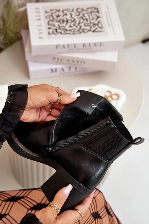 Ocieplane Botki Damskie Na Słupku Eko Skórzane Czarne Irittes