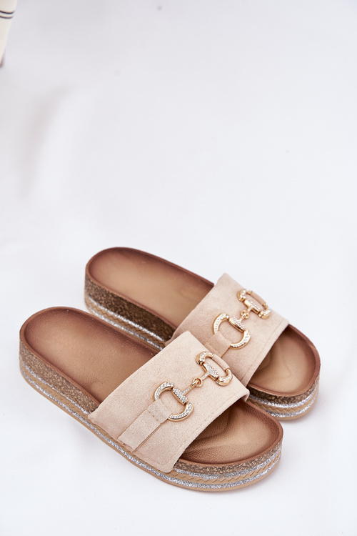 Klapki Damskie Na Platformie Ze Złotą Ozdobą I Brokatem Beżowe Morisela
