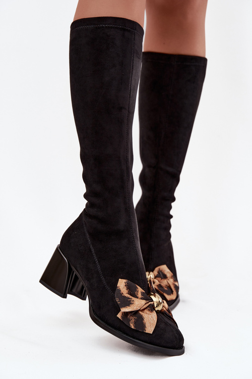 Kozaki Damskie Na Klocku Z Ozdobną Kokardą D&A JC52-828 Czarne