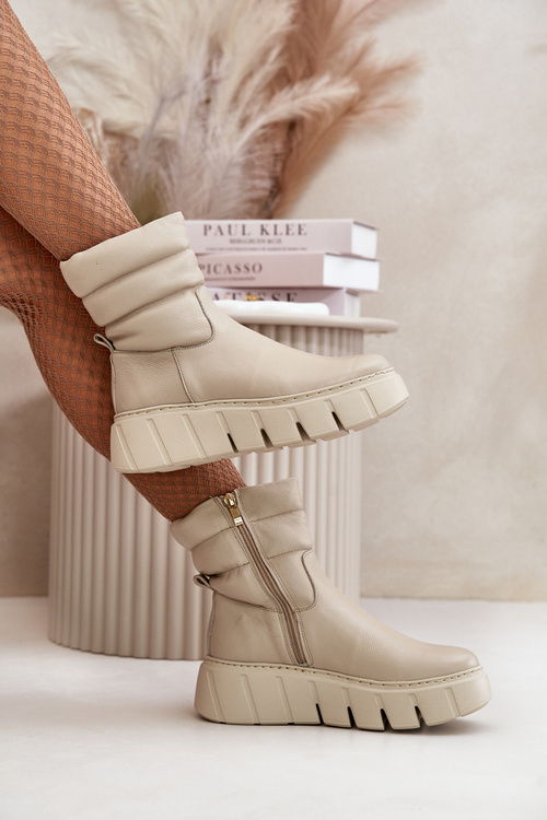 Zazoo 60512 Botki Damskie Skórzane Na Zamek Ocieplane Filcem Jasnobeżowe