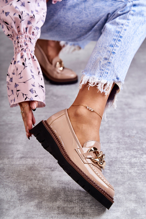 Lakierowane Półbuty Loafery Na Platformie Beżowe Reidun