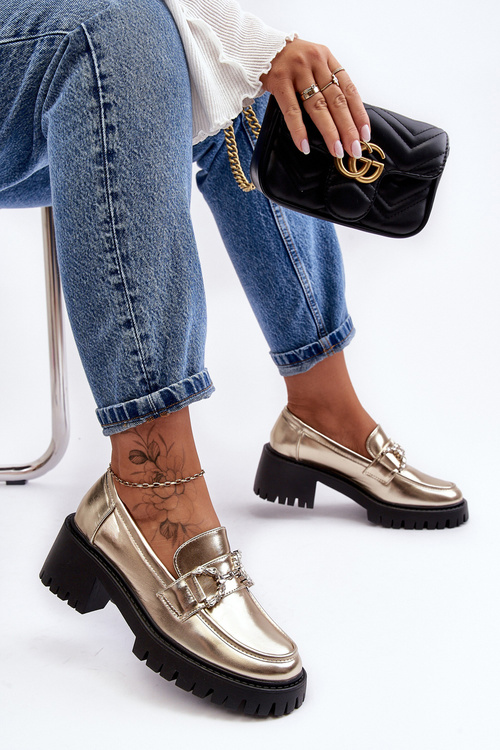 Damskie Skórzane Półbuty Na Masywnym Obcasie Złote Lemmitty