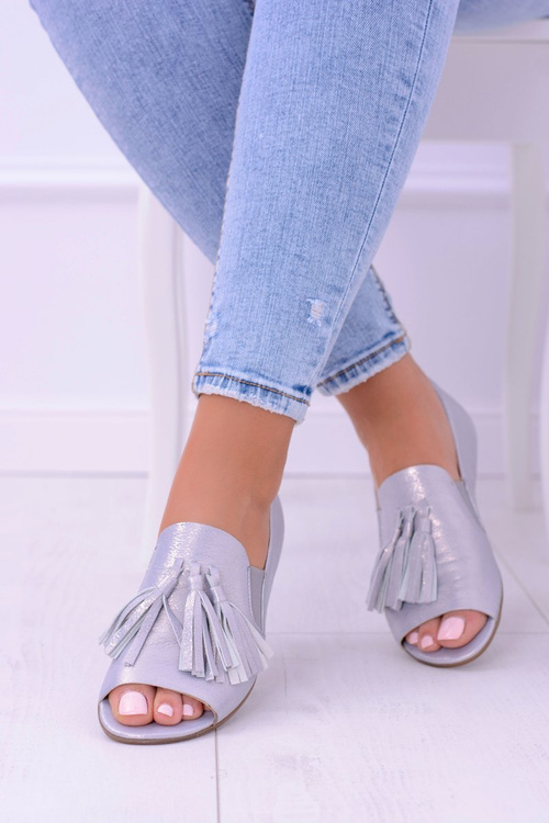 Laura Messi 1701 Skórzane Szare Baleriny Peep Toe Lendo