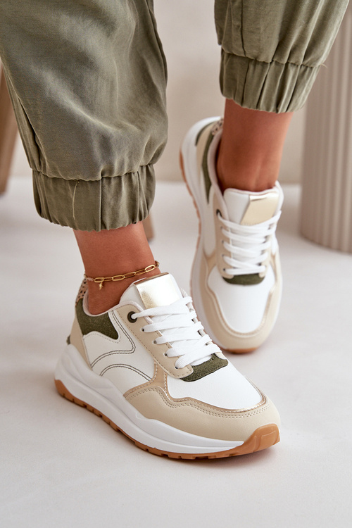 Sneakersy Damskie Na Platformie Z Eko Skóry Beżowo-Zielone Issatta