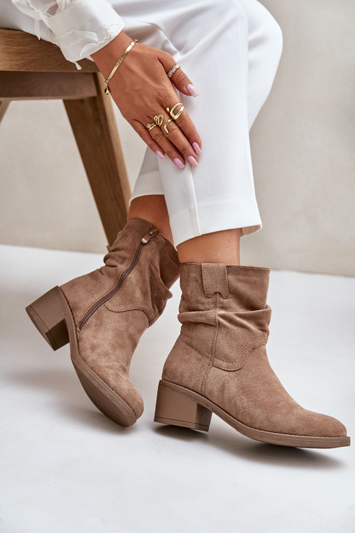 Ocieplane Botki Damskie Z Marszczoną Cholewką Na Niskim Obcasie Beżowe Zinanya