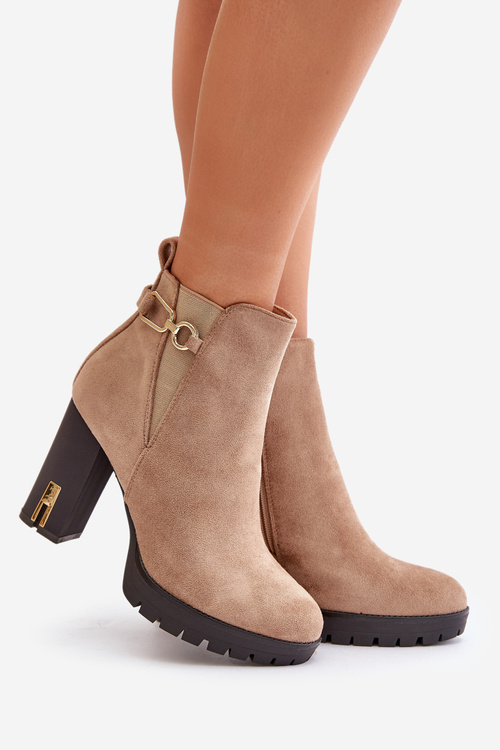 Ocieplane Botki Damskie Na Wysokim Obcasie Słupku Beżowe Terisanna