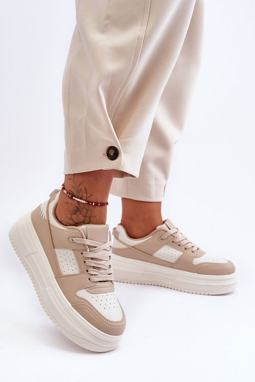 Damskie Skórzane Buty Sportowe Na Masywnej Platformie Beżowe Belisso