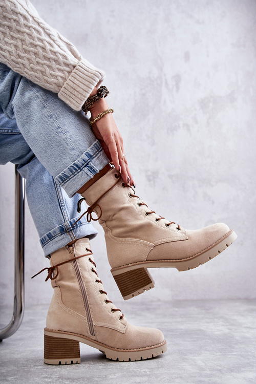 Damskie Ocieplane Botki Trapery Na Obcasie Beżowe Julieta