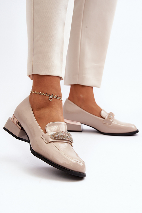 Damskie Półbuty Lakierowane Na Niskim Obcasie Beżowe Marilni