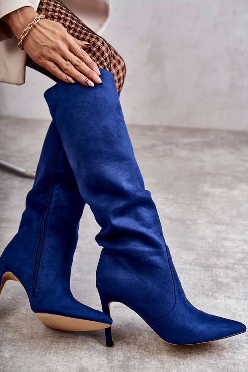 Zamszowe Kozaki Na Szpilce Niebieskie Carite