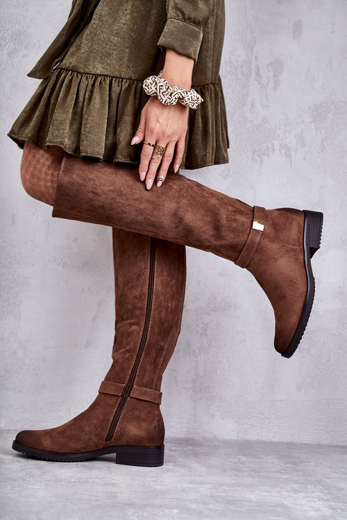 Zamszowe Damskie Kozaki Na Płaskim Obcasie Brązowe Henrike