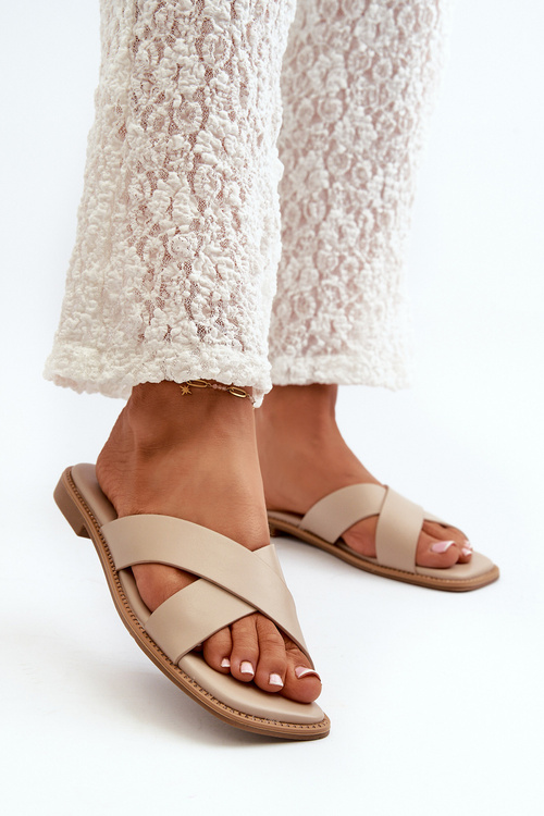 Klapki Damskie Na Płaskim Obcasie Z Eko Skóry S.Barski KV27-002 Beżowe