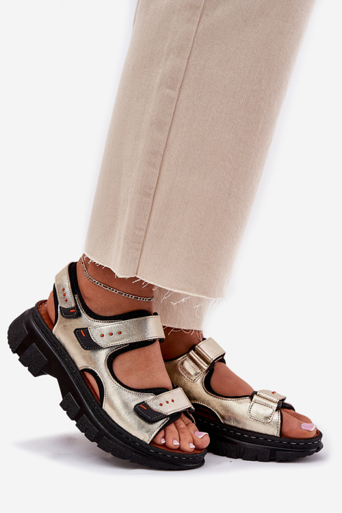 Skórzane Sandały Damskie Z Rzepami Artiker 56C0469 Złote