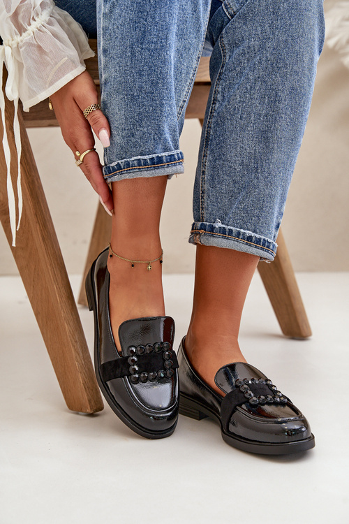 Lakierowane Mokasyny Damskie Z Ozdobą Czarne Vinceza 58389