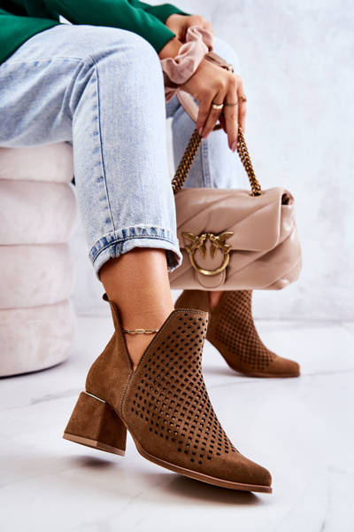 Zamszowe Ażurowe Botki Lewski Shoes 3165 Camel