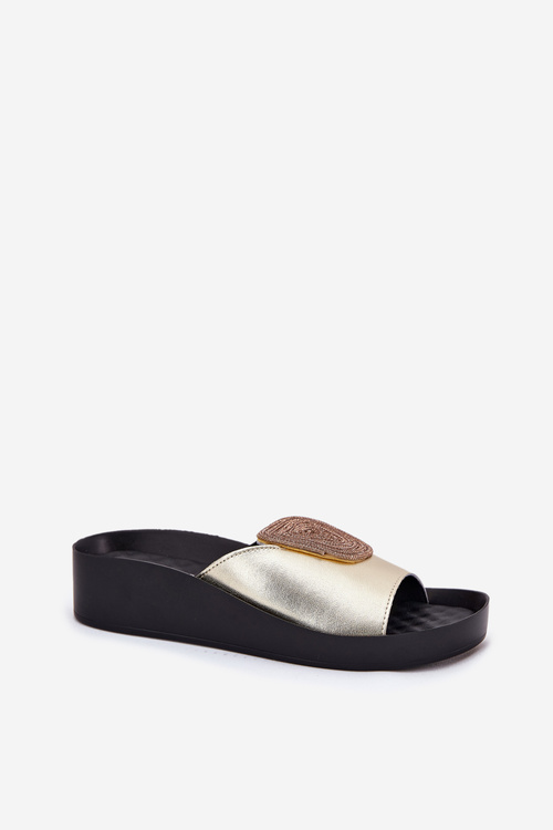 Skórzane Damskie Klapki Z Ozdobą KV51-028 Złote