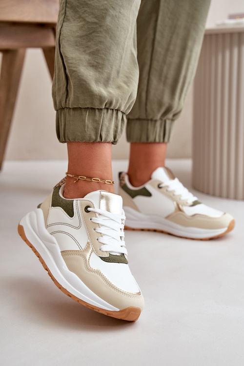 Sneakersy Damskie Na Platformie Z Eko Skóry Beżowo-Zielone Issatta