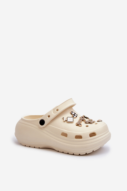 Klapki Damskie Piankowe Lekkie Na Grubej Podeszwie Z Przypinkami Beżowe Effiora