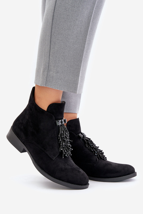 Ocieplane Niskie Botki Z Ozdobą Na Zamek S.Barski HY42-715 Czarne