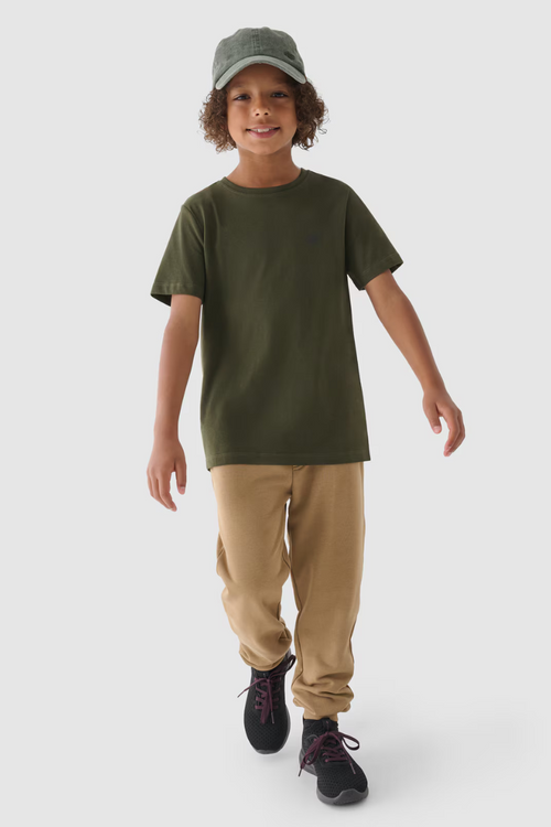 Chłopięcy T-shirt Gładki Bawełniany Khaki 4F 4FJWMM00TTSHM1626-43S