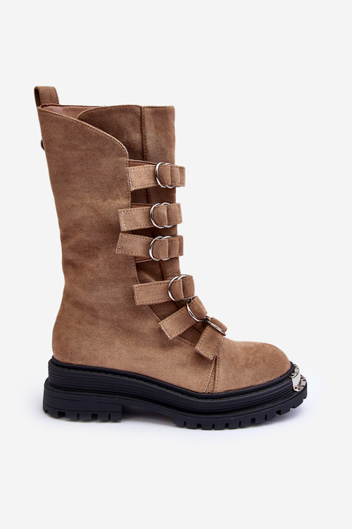 Zamszowe Wysokie Botki Workery Z Paskami Beżowe Elnatea