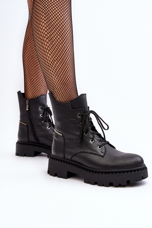 Skórzane Botki Trapery Damskie Na Suwak Zazoo 949P Czarne