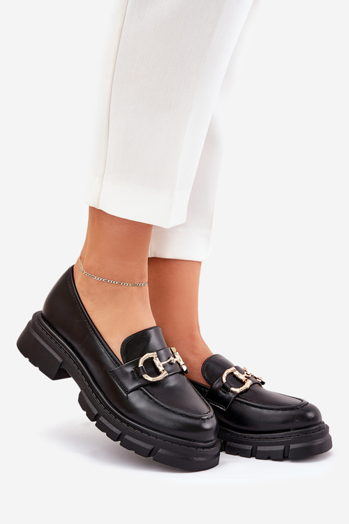 Mokasyny Damskie Eko Skórzane Ze Złotym Detalem Czarne Ravalissea