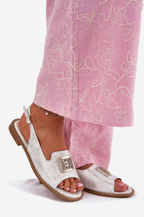 Eleganckie Sandały Damskie Na Płaskim Obcasie Z Ozdobą S.Barski KV51-082 Srebrne