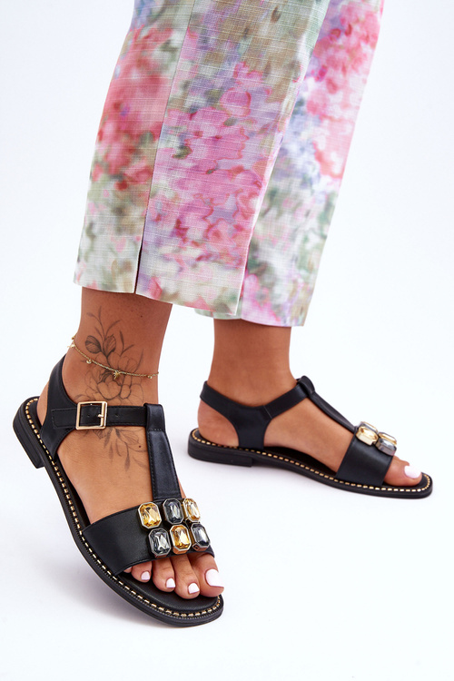 Damskie Sandały S.Barski Z Kamieniami KV-2775-30 Czarne