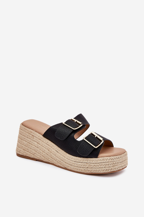 Klapki Damskie Na Koturnie Z Plecionką I Klamrami Czarne Pasinea