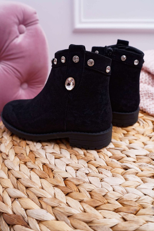 Młodzieżowe Botki Czarne z Kryształkami Płaski Obcas Venici