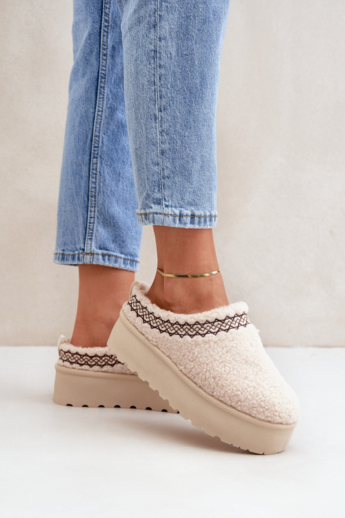 Śniegowce Kapcie Na Platformie Z Futerkiem Typu Baranek Jasnobeżowe Leaniella