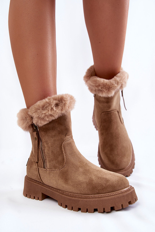 Zamszowe Botki Z Futerkiem Na Suwak Beżowe Rezan