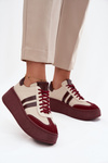 Skórzane Sneakersy Damskie Na Platformie Zazoo 3775 Beżowo-Bordowe
