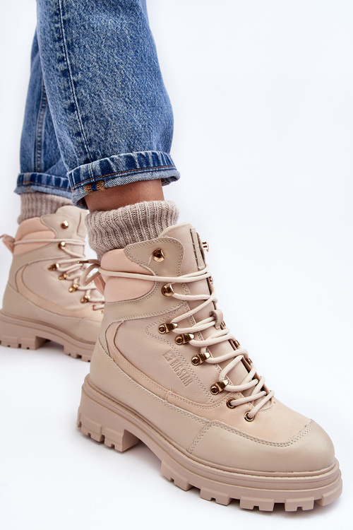 Ocieplane Trapery Botki Sznurowane Damskie Jasnobeżowe Big Star MM274664