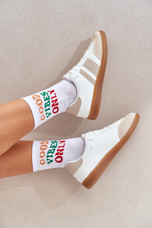 Niskie Sneakersy Damskie Z Eko Skóry Beżowo-Białe Nonalorin