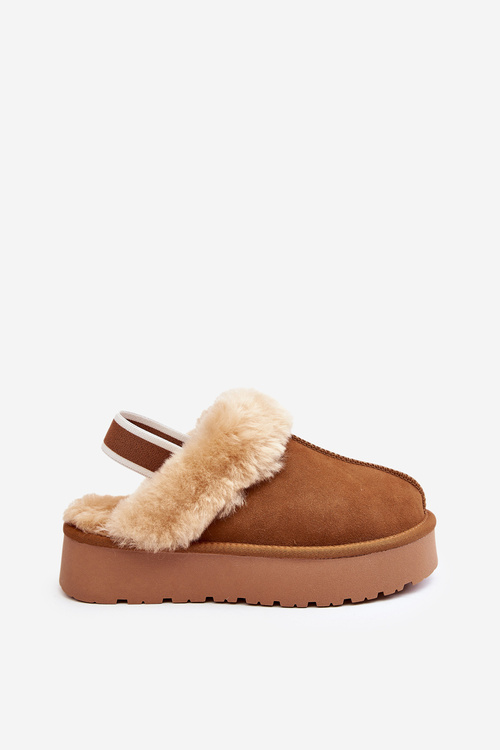 Skórzane Zamszowe Kapcie Damskie Na Platformie Z Futerkiem Camel Sophienne