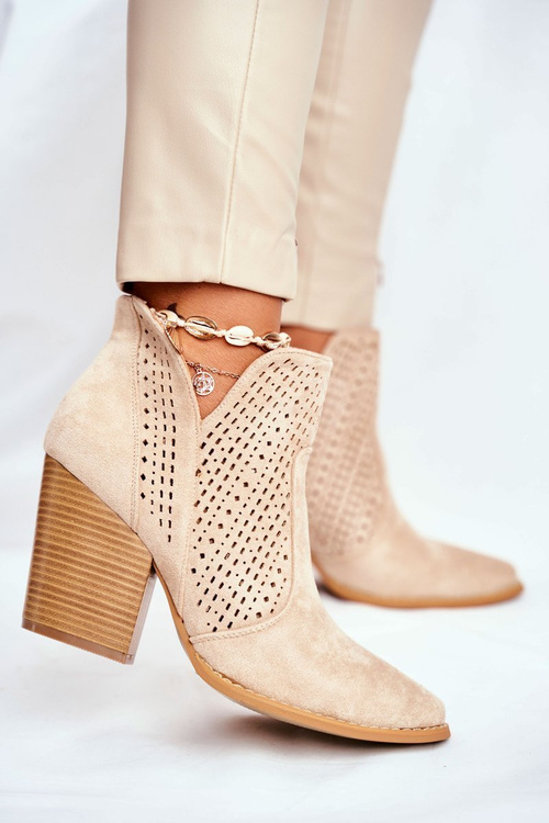 Botki Damskie Na Słupku Zamszowe Ażurowe Jasno Beżowe Shades